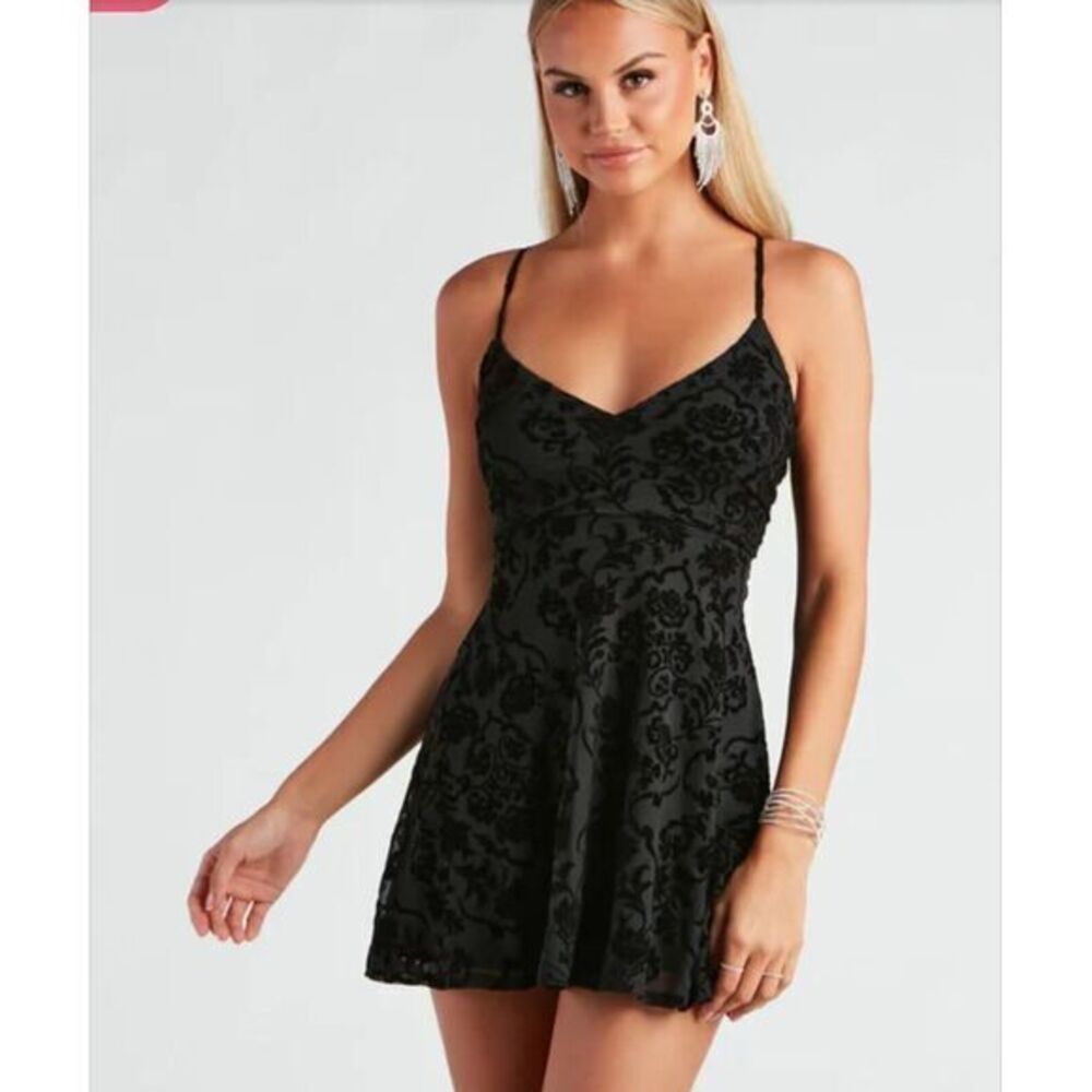 Windsor Black Mini Dress Fit Flare Skater L Burnt Velvet Whimsy Goth Coquette